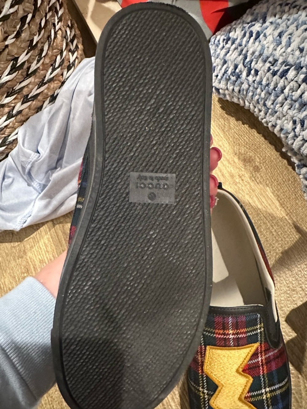 GUCCI Plaid Slip-On Loafers with Dog & Lightning Patch - Red, Navy, Yellow - Picture 2 of 6